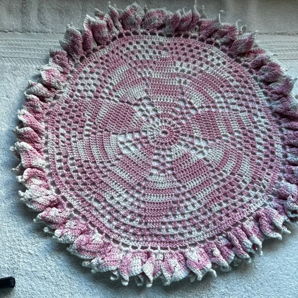 U13.5in Doily Set Pink Purple Gold Handmade Crochet Beaded
